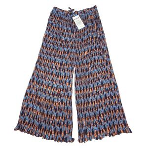 Wildfang Empower Plisse Pants Womens XL Blue Orange Abstract Wide Leg Retro